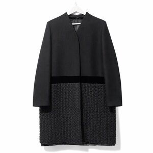 Vera Wang Black Wool Blend Textured Long Coat Velvet Panel XL